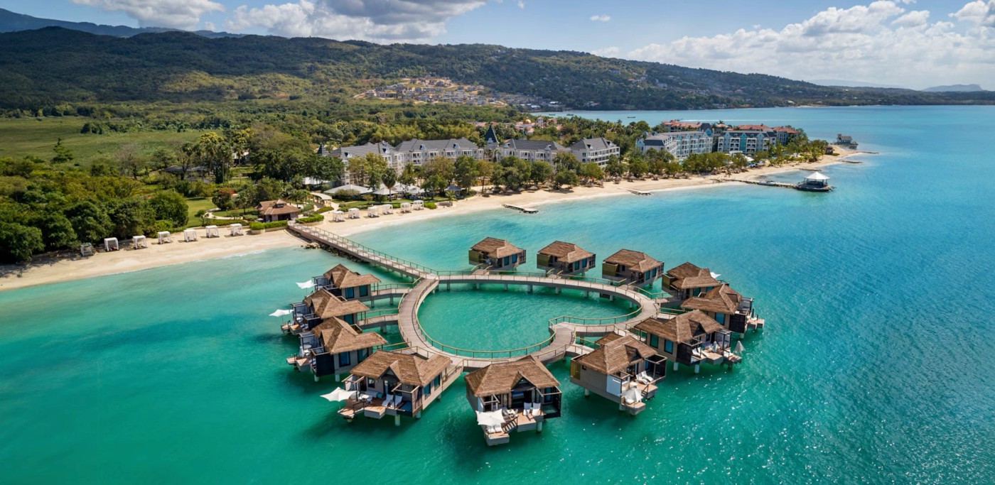 Overwater bungalows at Sandals South Coast in Jamaica