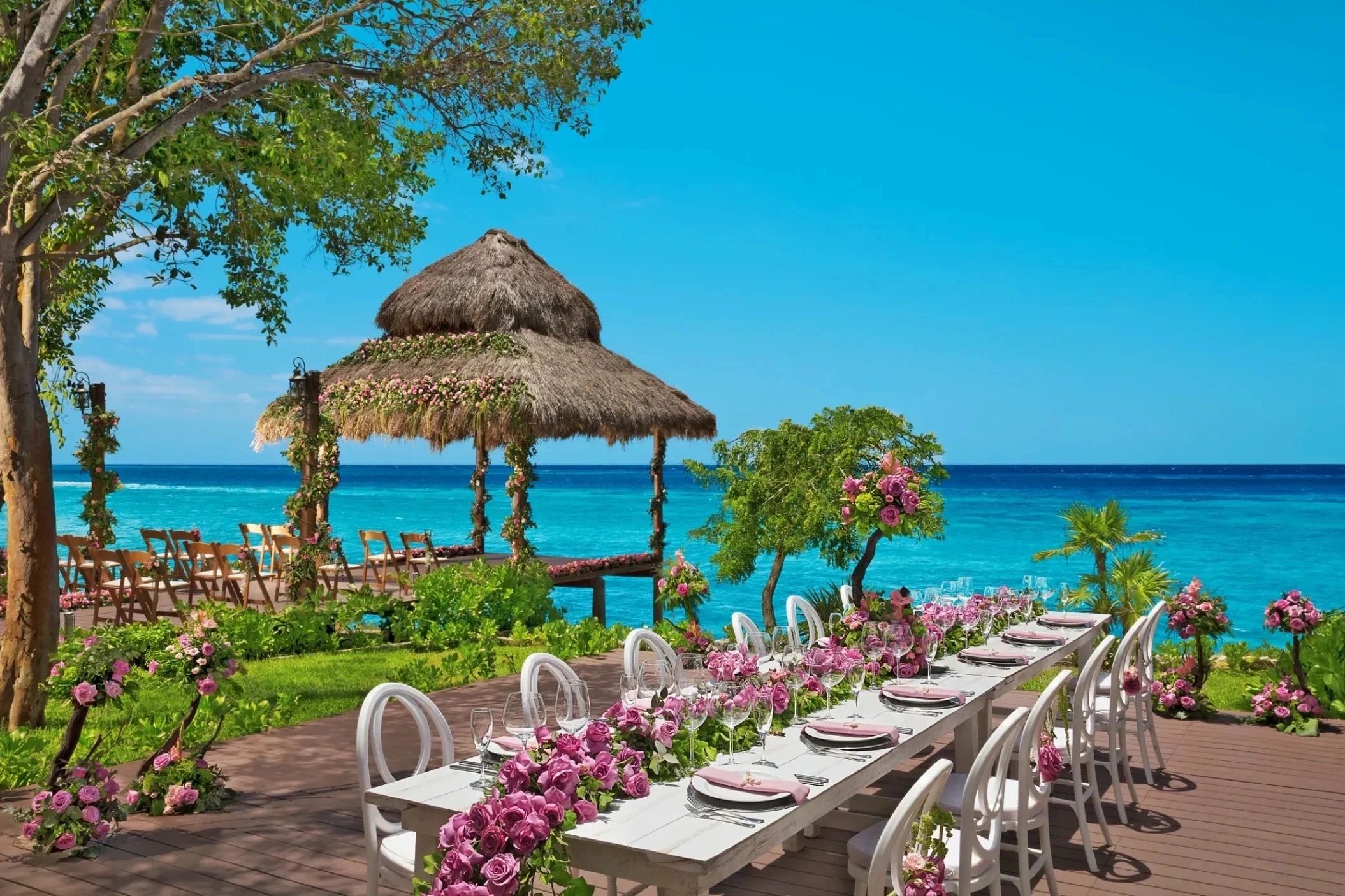 Elegant outdoor dining setup beside the ocean