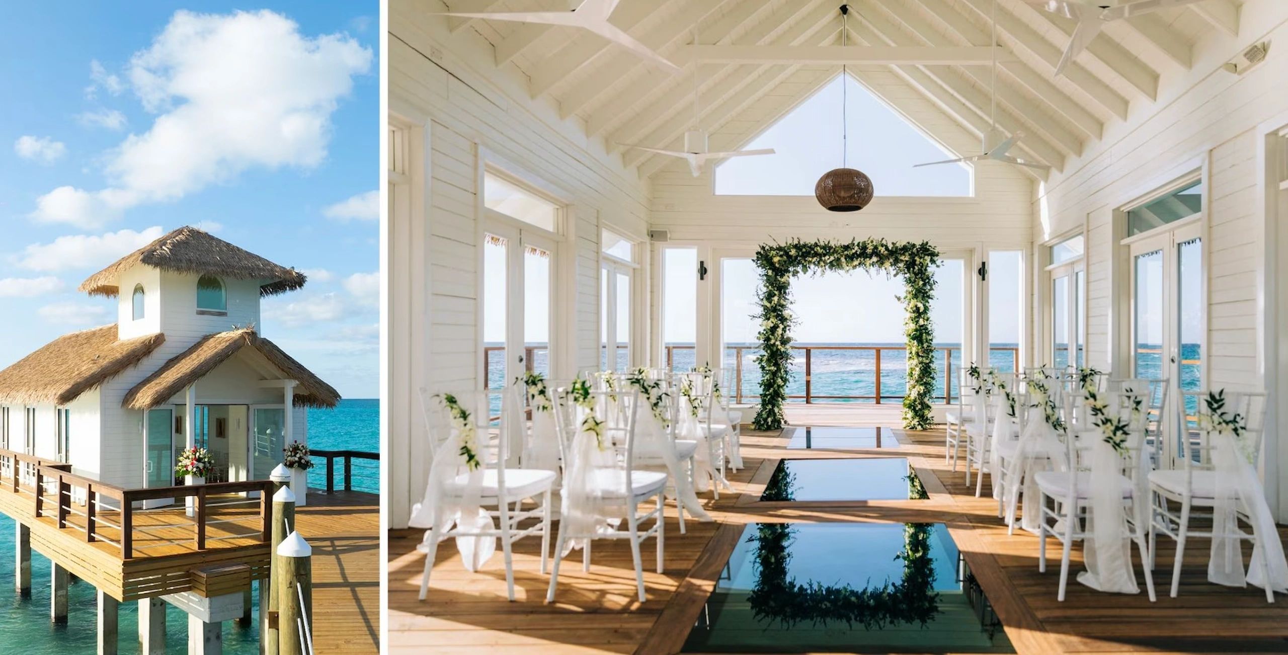 White seaside wedding chapel and ceremony chairs